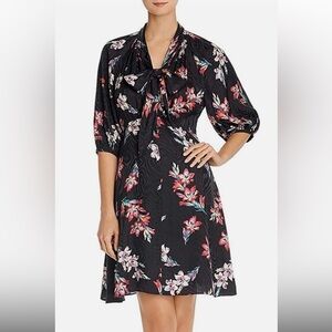 Rebecca Taylor Silk Black Dress with Pink and White Floral Design - Size 10